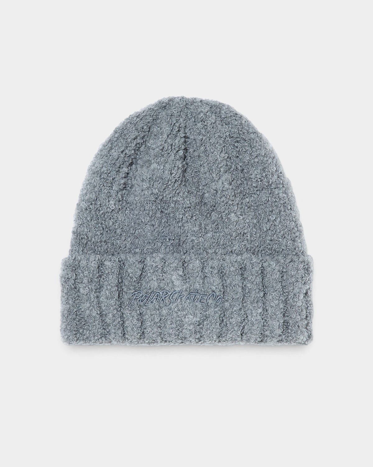 Lockwood Avenue grey teddy yarn beanie with a single fold and tonal embroidered logo in a soft brushed knit texture.