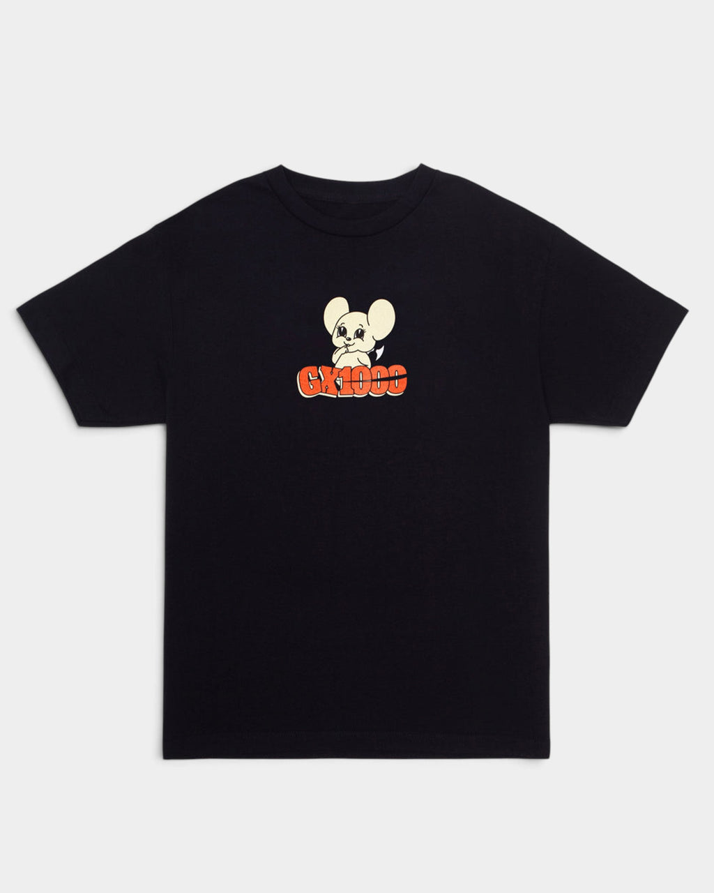 Lockwood Avenue GX1000 black cotton t-shirt featuring a screen printed cartoon mouse graphic on the chest.