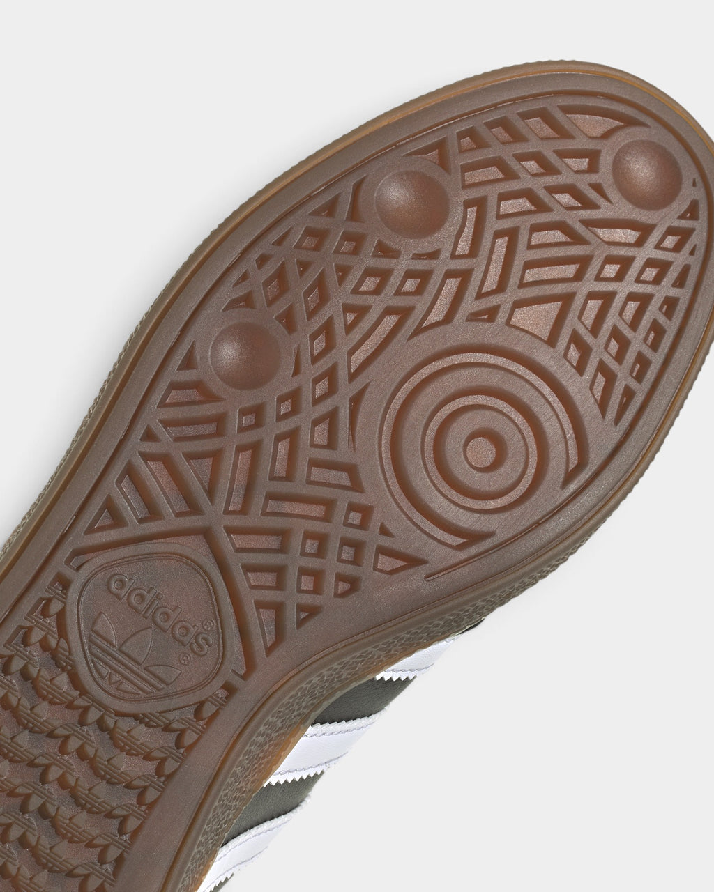 Lockwood Avenue adidas Handball Spezial leather shoe showing the detailed brown gum rubber outsole tread pattern.