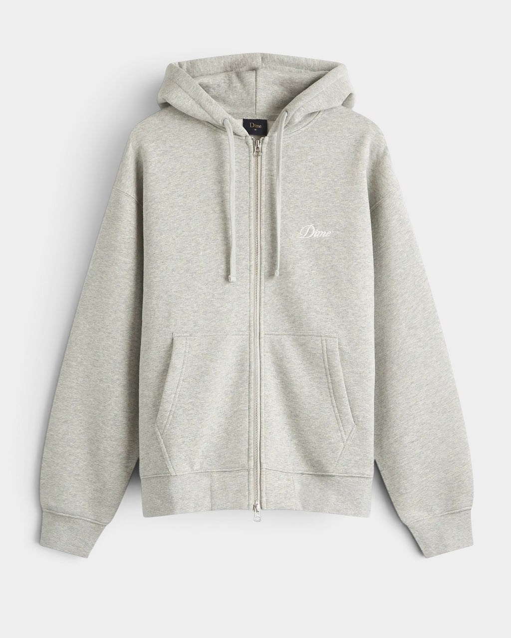 Lockwood Avenue heather gray fleece zip-up hoodie with embroidered white cursive Dime logo on the chest.