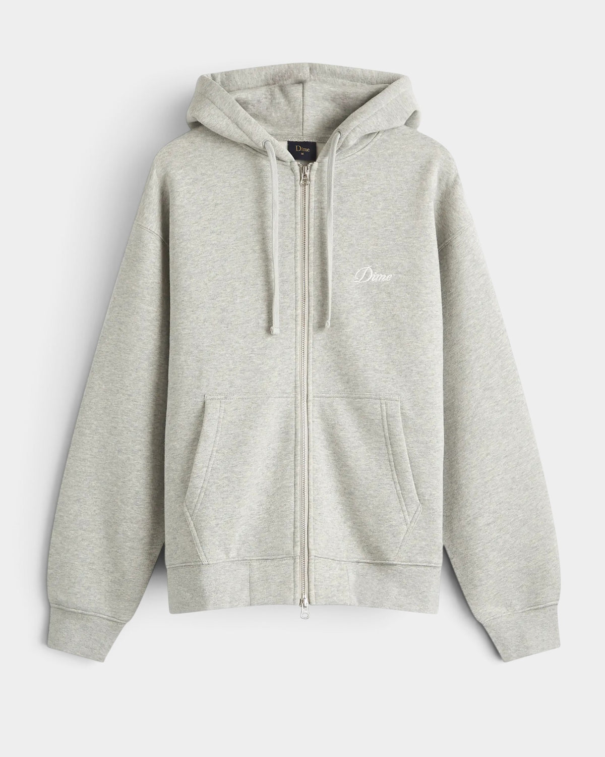 Lockwood Avenue heather gray fleece zip-up hoodie with embroidered white cursive Dime logo on the chest.