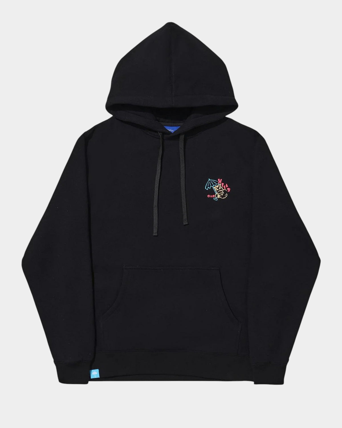 Lockwood Avenue black Hélas Bad Hoodie with drawstring hood, kangaroo pocket, and small chest graphic.