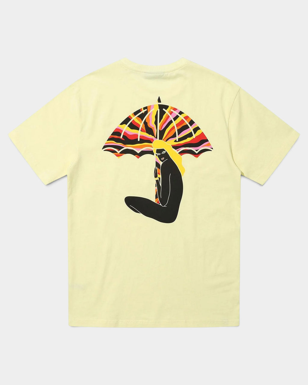 Lockwood Avenue Hélas Sunset T-Shirt in pastel yellow cotton with a graphic print of a woman under an umbrella.
