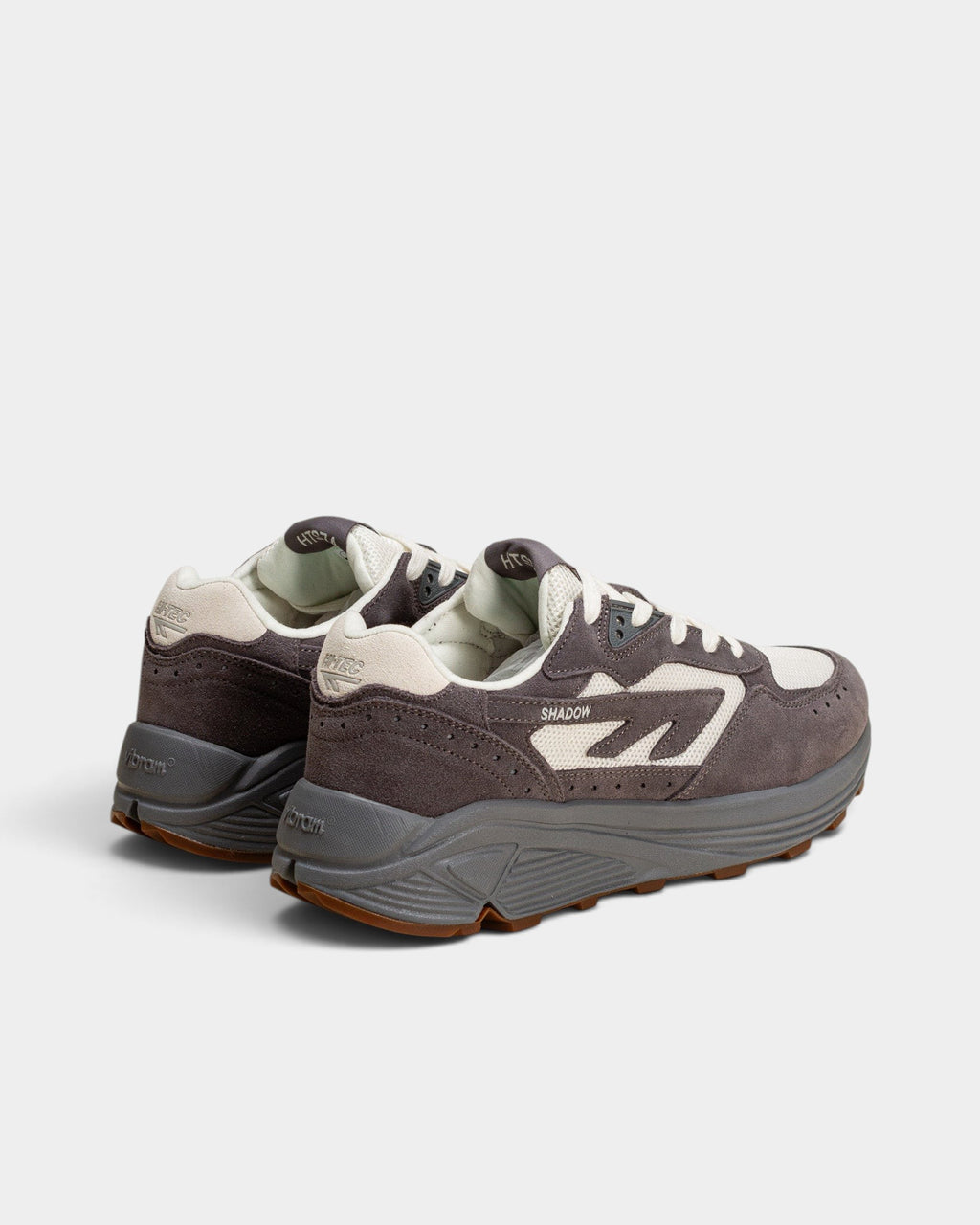 Lockwood Avenue Hi-Tec HTS Shadow RGS sneakers in cream and gray suede and canvas with a Vibram rolling gait sole.