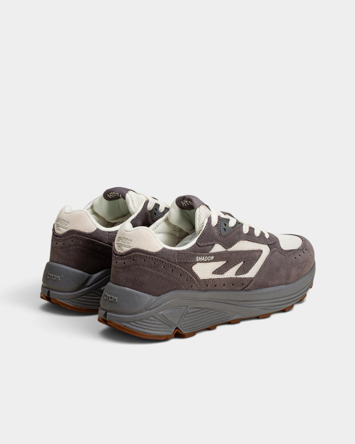 Lockwood Avenue Hi-Tec HTS Shadow RGS sneakers in cream and gray suede and canvas with a Vibram rolling gait sole.