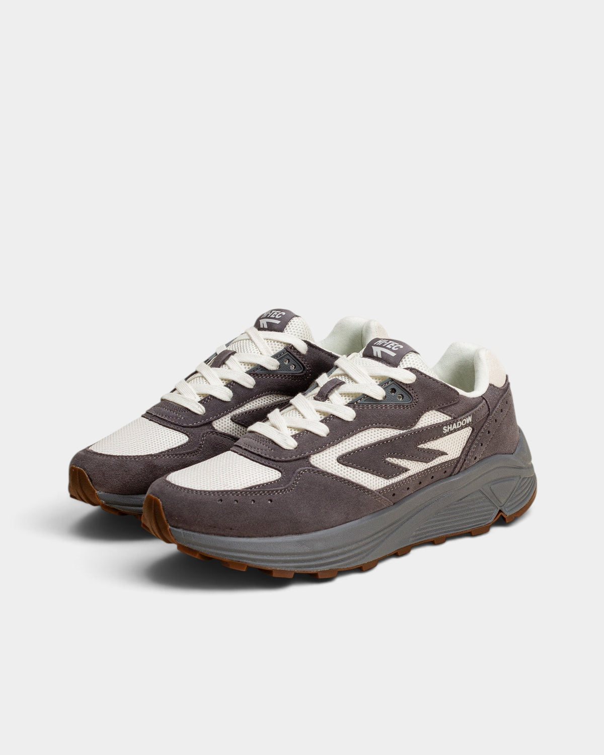 Lockwood Avenue Hi-Tec HTS Shadow RGS sneakers in cream and gray suede and canvas with a Vibram Rolling Gait sole.