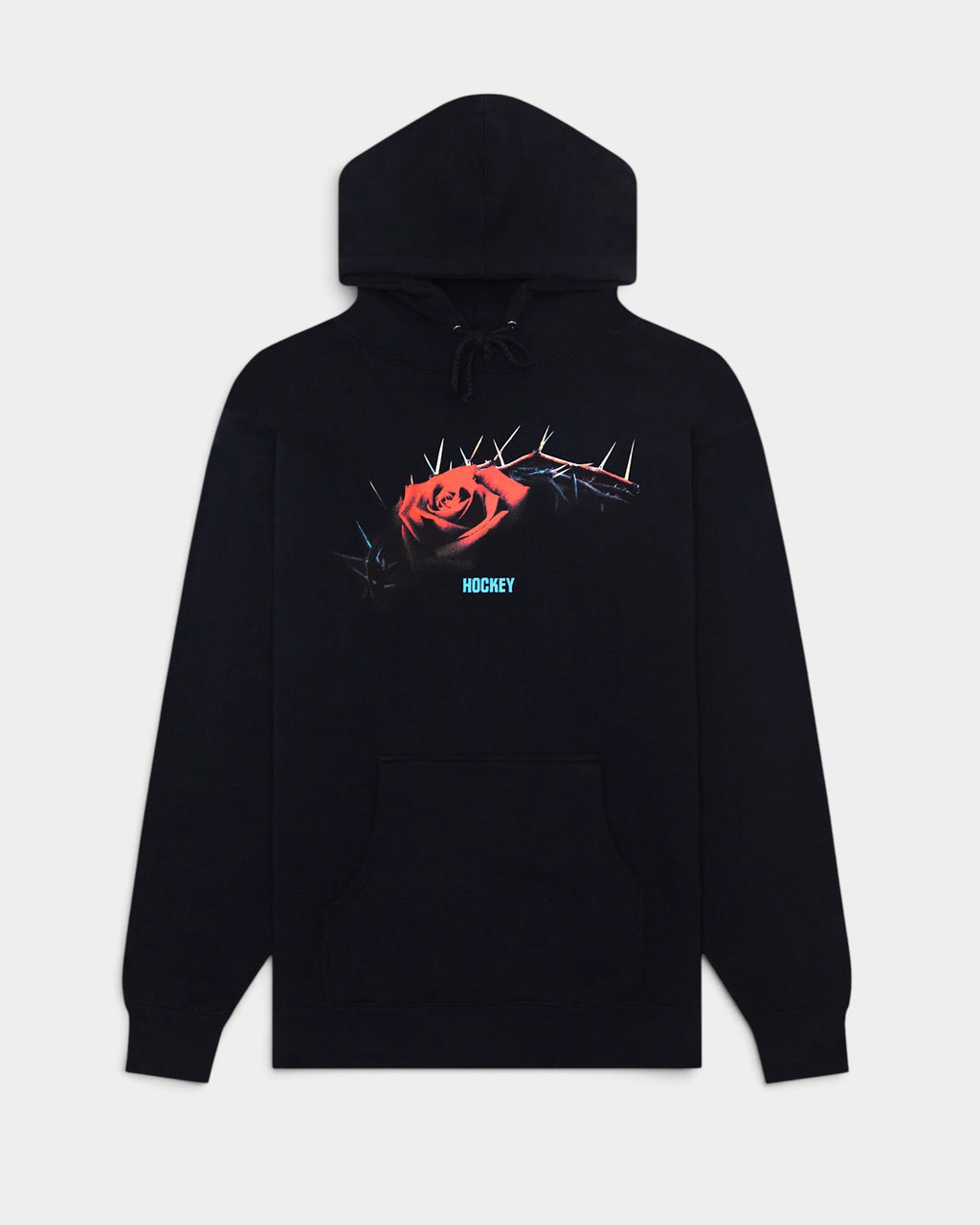 Lockwood Avenue Hockey Behemoth black fleece hoodie featuring a red rose and crown of thorns graphic on the chest.