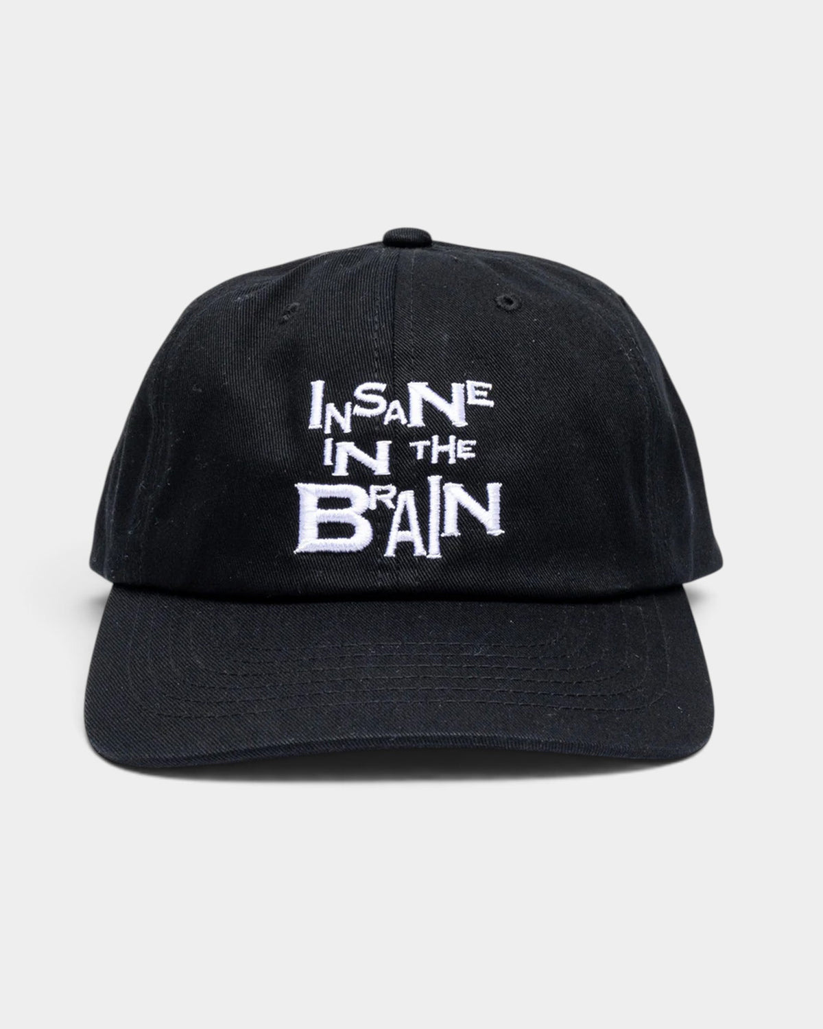 Lockwood Avenue black cotton twill six-panel snapback cap featuring white Insane in the Brain embroidery