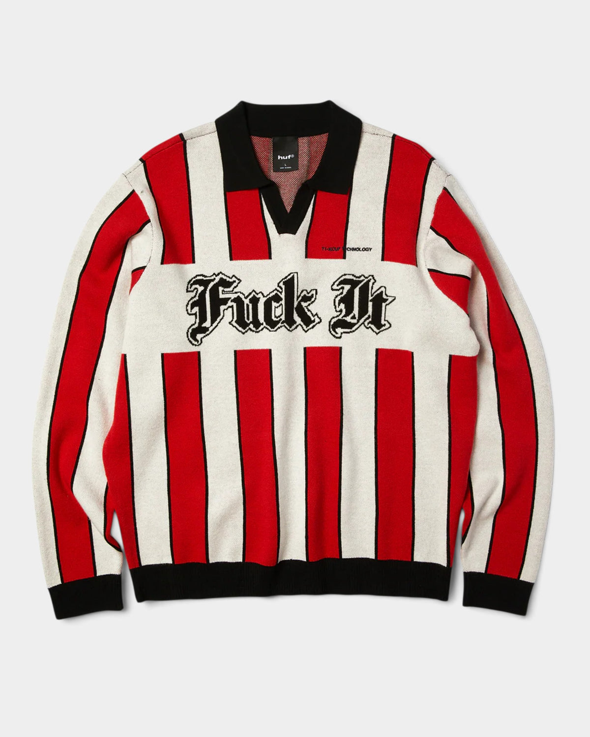 Lockwood Avenue HUF Midfield jersey sweater featuring red and white vertical stripes and black knit graphic text.