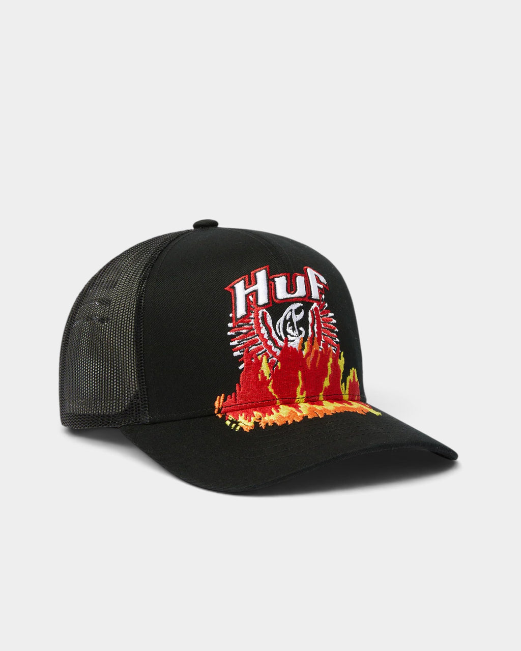 Lockwood Avenue black HUF trucker cap with embroidered phoenix and flame design extending onto the brim.