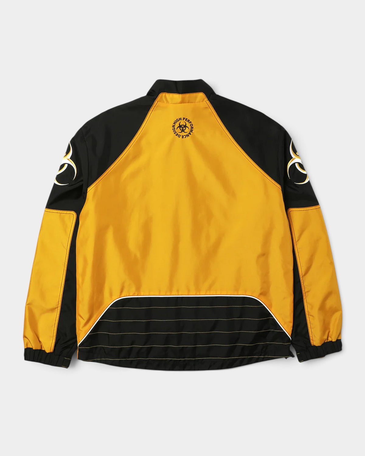Back view of Lockwood Avenue HUF Sector Jacket in black and yellow nylon with biohazard graphics and reflective piping