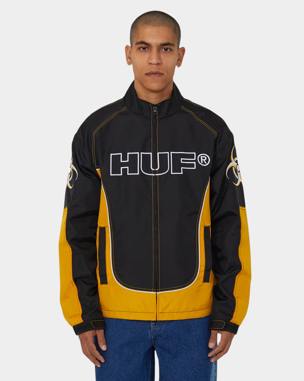 Lockwood Avenue HUF Sector Jacket in black and yellow nylon with racing-inspired graphics and reflective piping