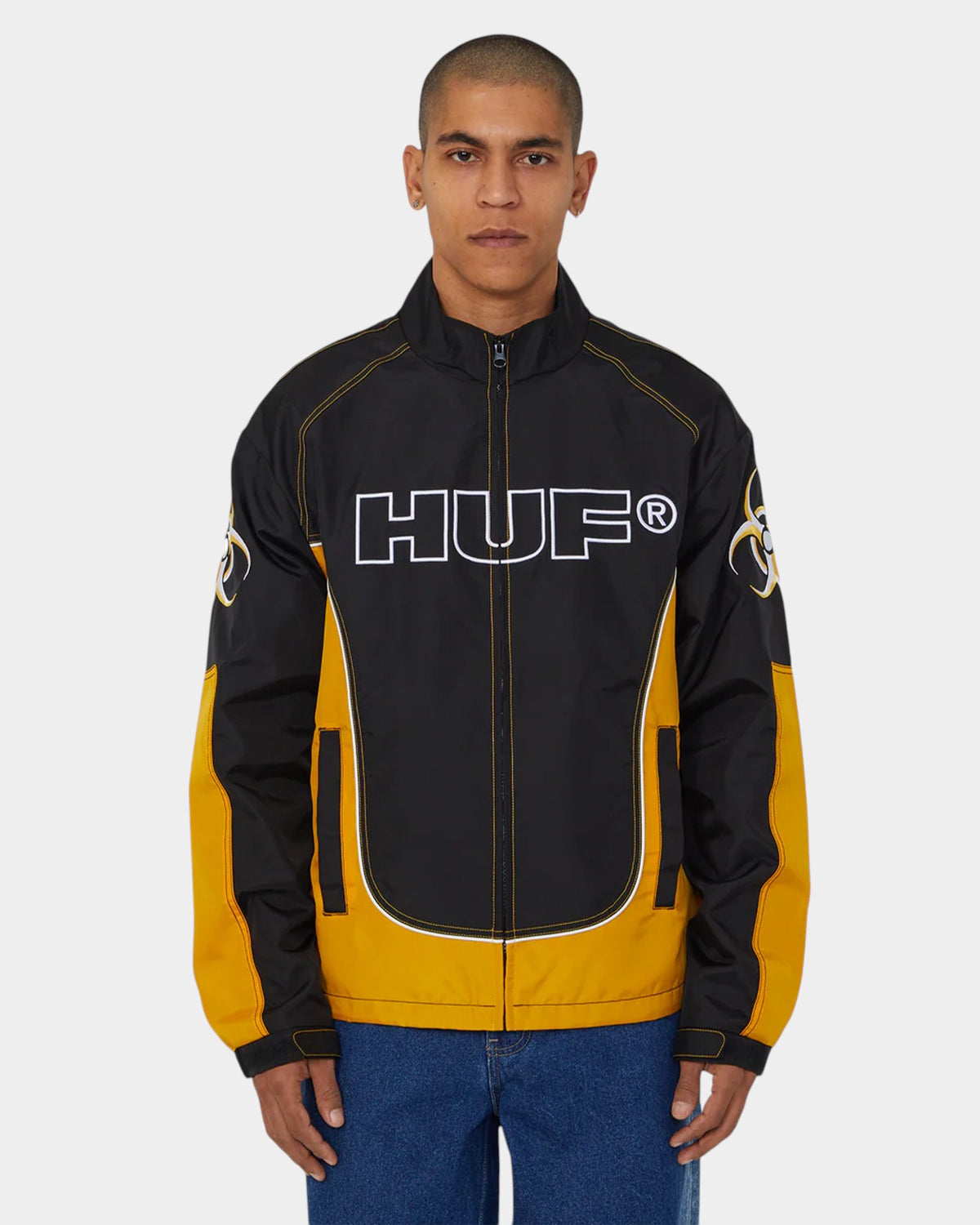 Lockwood Avenue HUF Sector Jacket in black and yellow nylon with racing-inspired graphics and reflective piping
