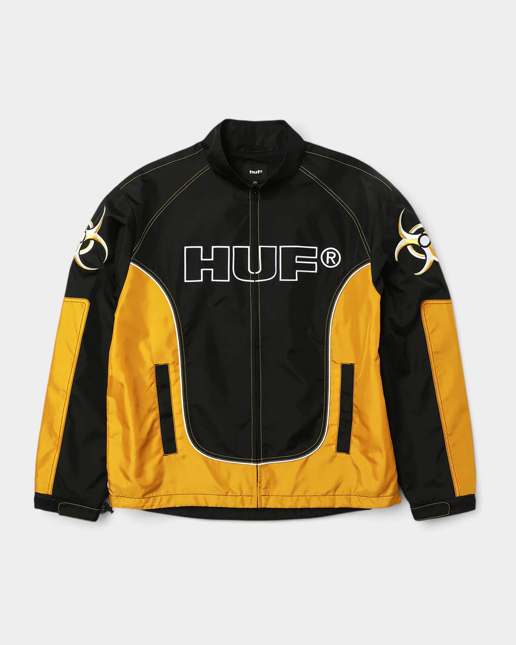 Lockwood Avenue HUF Sector Jacket in black and yellow nylon with racing-inspired graphics and reflective piping.