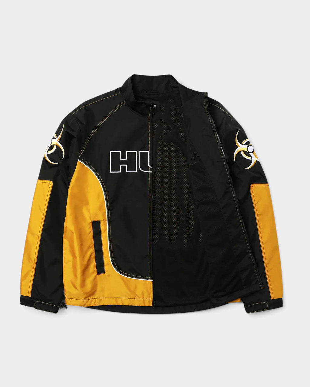 Lockwood Avenue HUF Sector racing-style jacket in black and yellow nylon with biohazard graphics and reflective piping