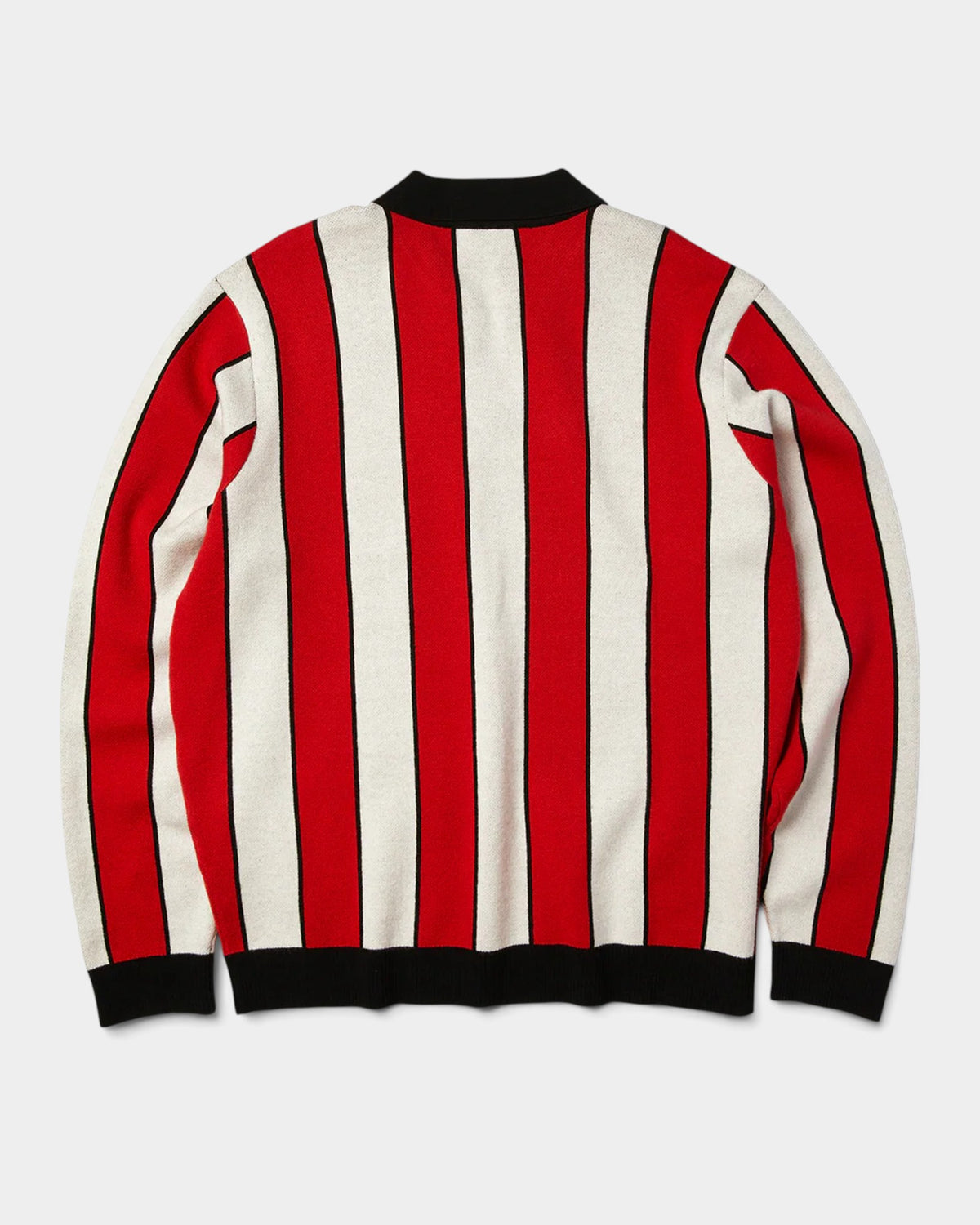 Lockwood Avenue HUF Midfield jersey sweater featuring red and white vertical stripes with black rib knit trim.
