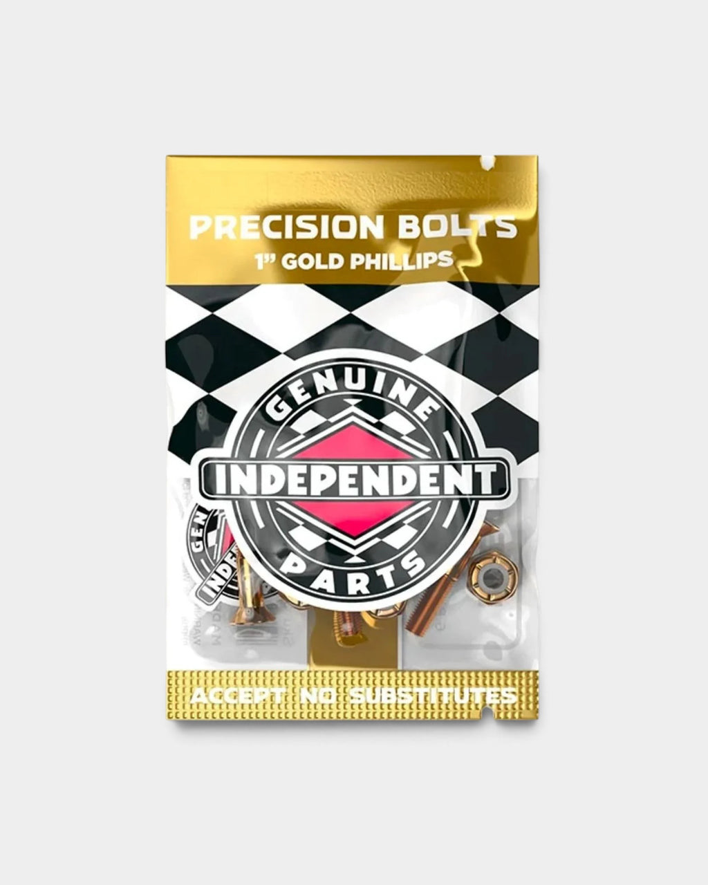 Lockwood Avenue Independent 7/8 inch Phillips skateboard bolts in a branded gold and black packaging