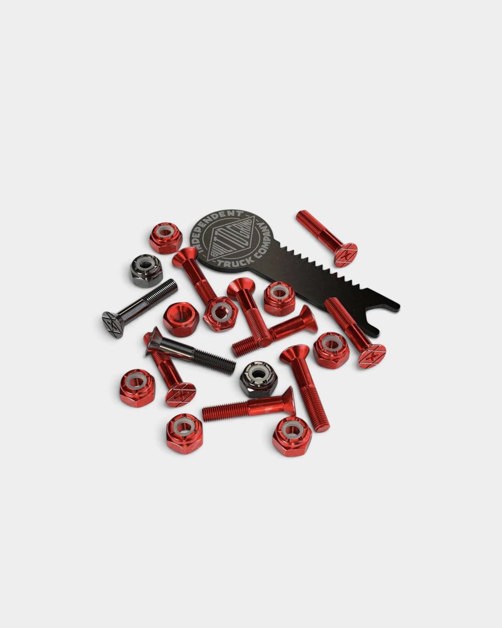 Lockwood Avenue Independent 1 inch Phillips skateboard bolts in red and black with matching nylon lock nuts and tool