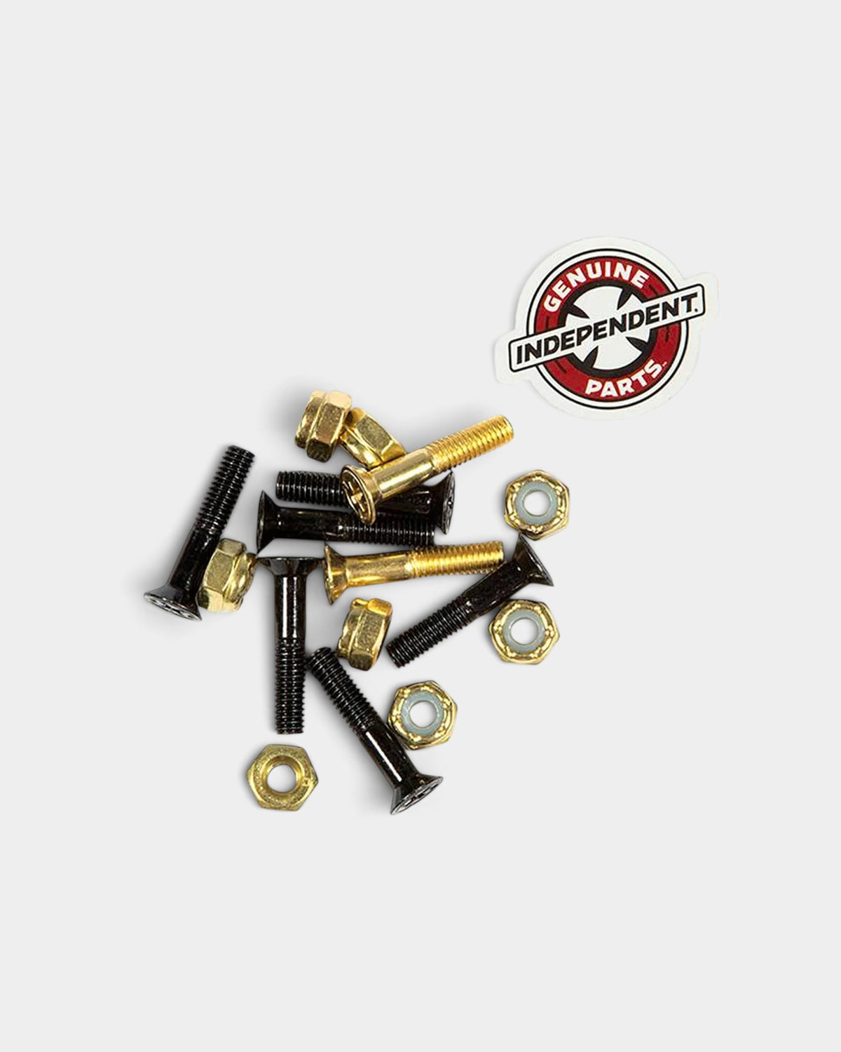 Lockwood Avenue Independent 7/8 inch Phillips skateboard bolts in black and gold with nylon lock nuts and logo sticker