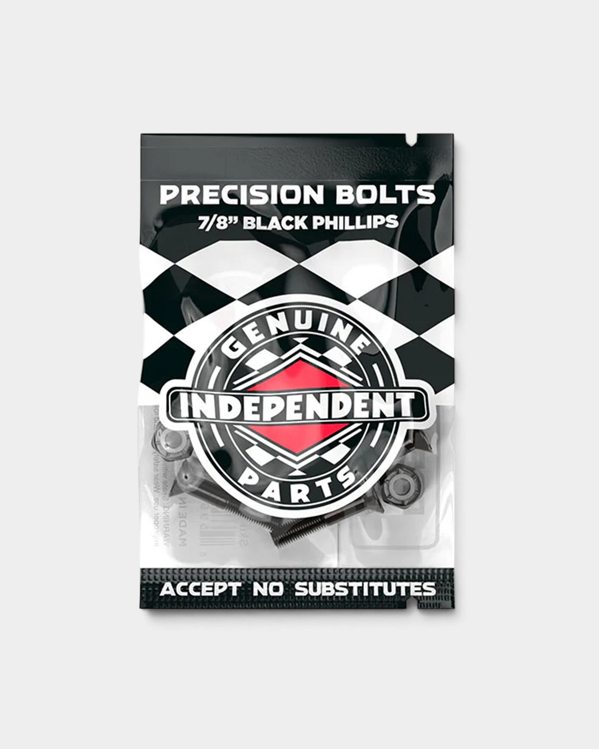 Lockwood Avenue Independent 7/8 inch black Phillips skateboard bolts in branded packaging with nylon lock nuts