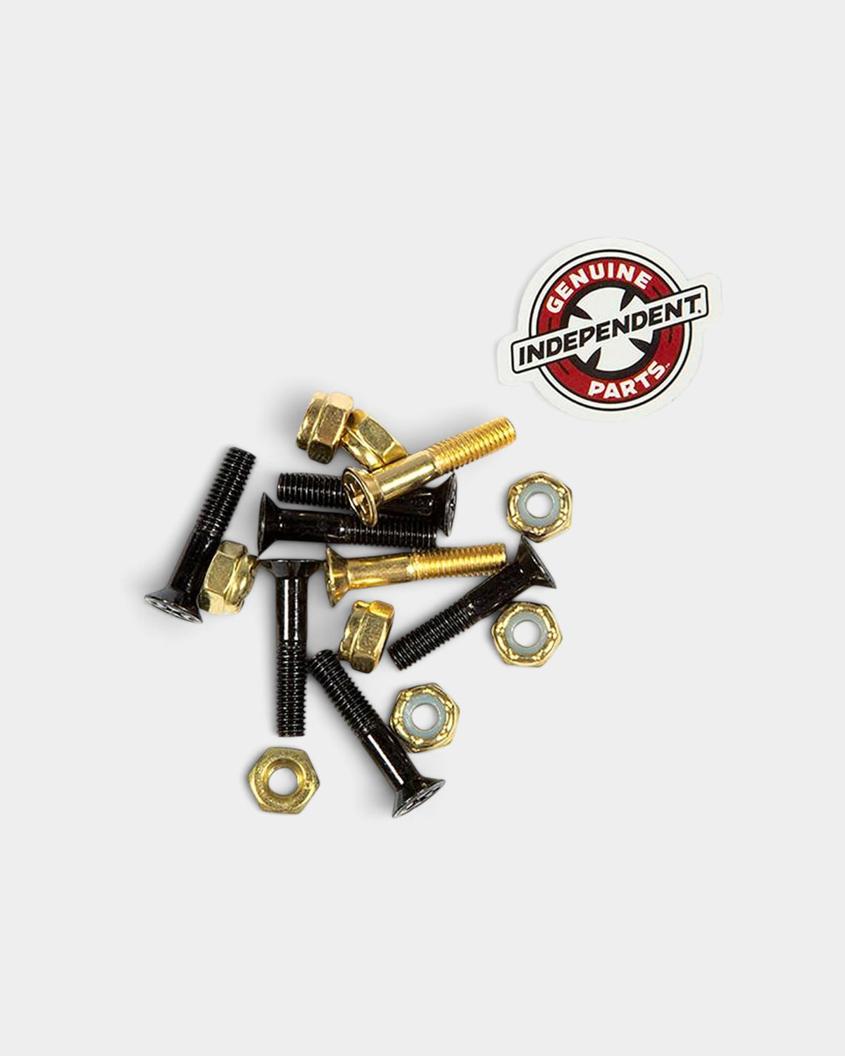 Lockwood Avenue Independent 1 inch Phillips skateboard bolts in black and gold with nylon lock nuts and logo sticker
