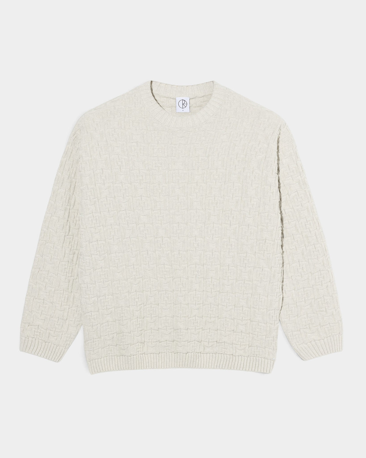 Lockwood Avenue ivory grey melange cotton sweater with a loose fit, dropped shoulders, and ribbed crewneck collar.
