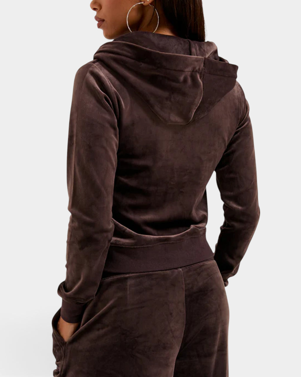 Lockwood Avenue Juicy Couture java brown velour zip hoodie worn by a model, back view showing hood and slim fit