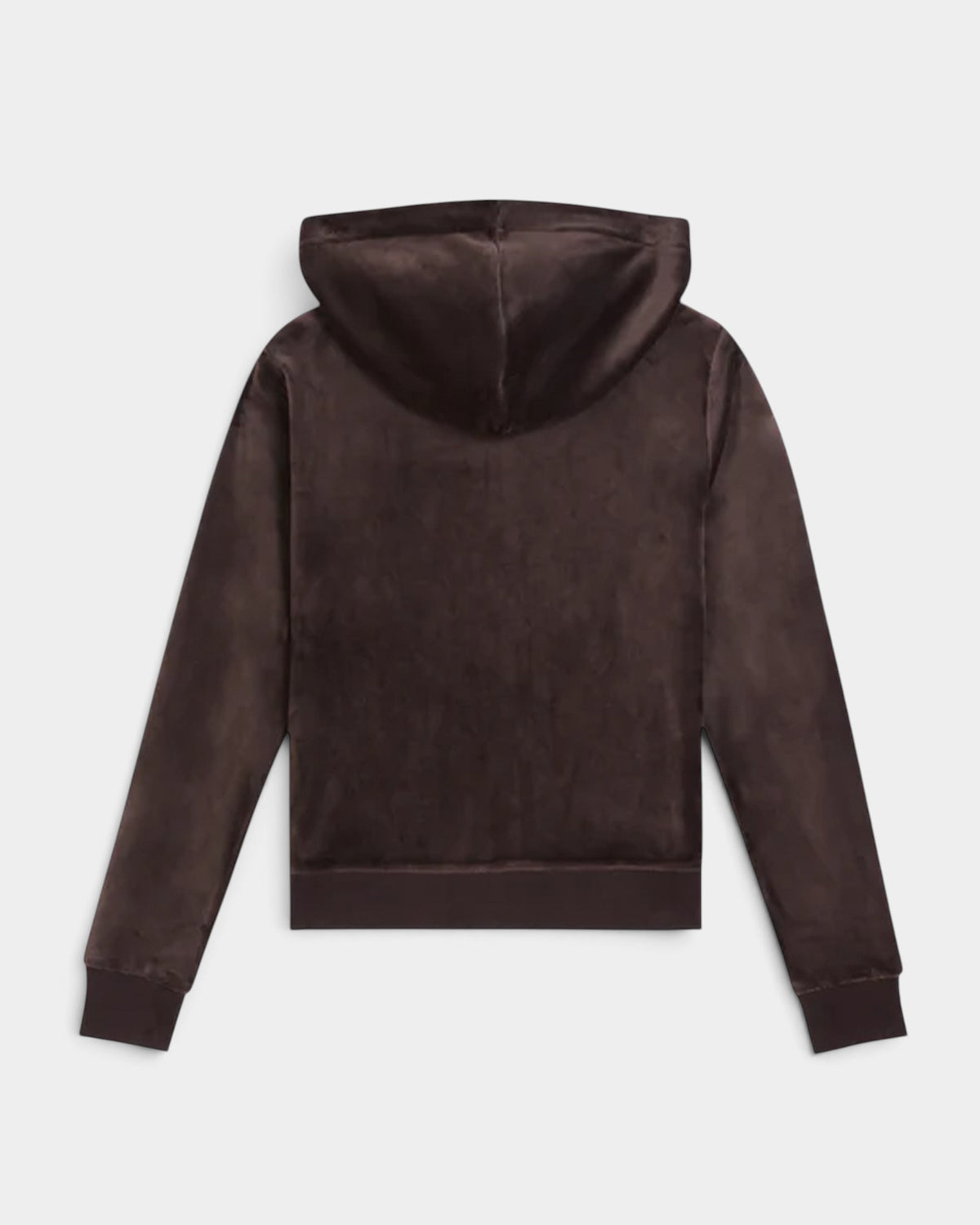 Lockwood Avenue Juicy Couture java brown velour zip hoodie, back view showing hood and long sleeves.