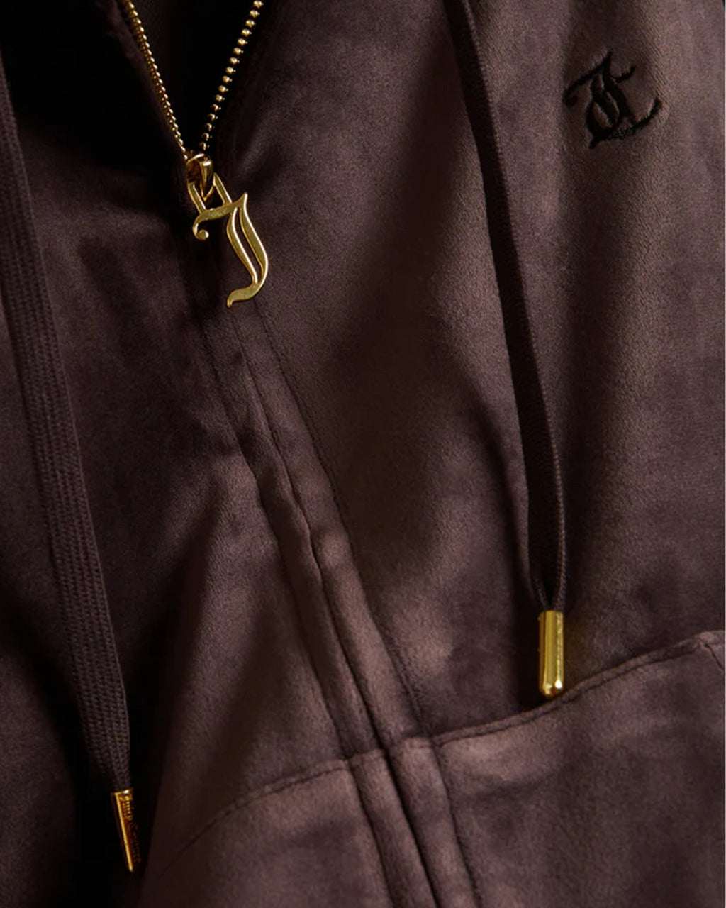 Lockwood Avenue Juicy Couture java brown velour zip hoodie with gold gothic J zipper pull and tonal chest logo