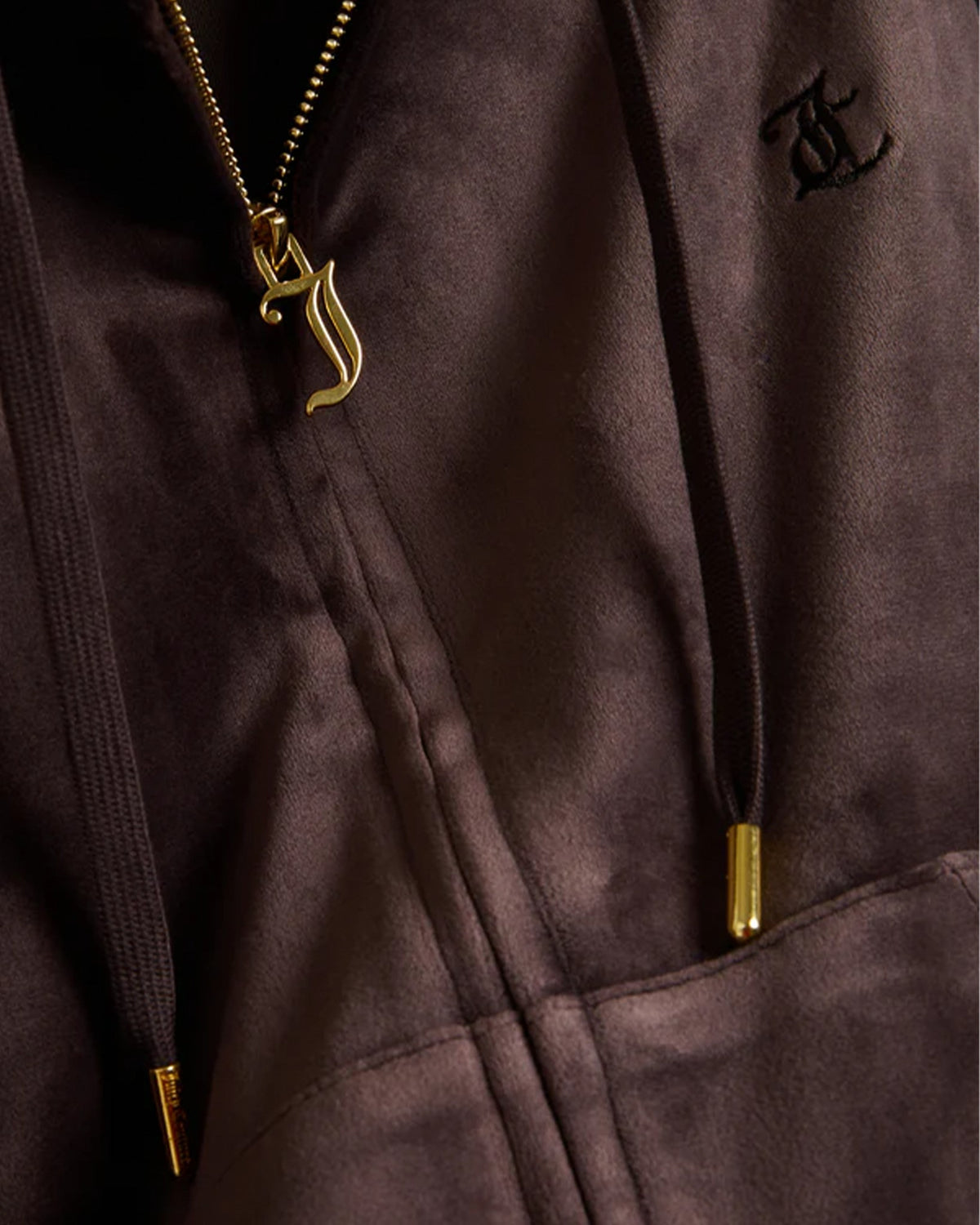 Lockwood Avenue Juicy Couture java brown velour zip hoodie with gold gothic J zipper pull and tonal chest logo