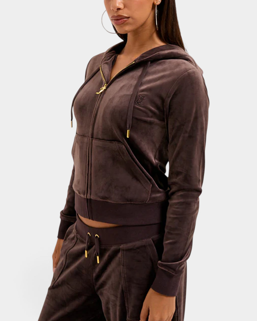 Lockwood Avenue Juicy Couture java brown velour zip hoodie with gold gothic J zipper and embroidered chest logo