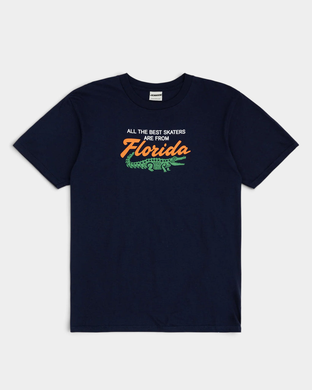 Lockwood Avenue Jenkem Florida dark navy t-shirt with orange text and green alligator graphic on the chest.
