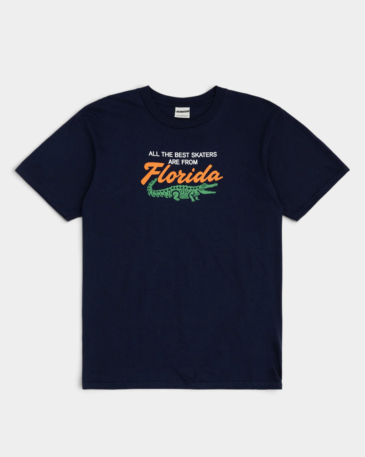 Lockwood Avenue Jenkem Florida dark navy t-shirt with orange text and green alligator graphic on the chest.