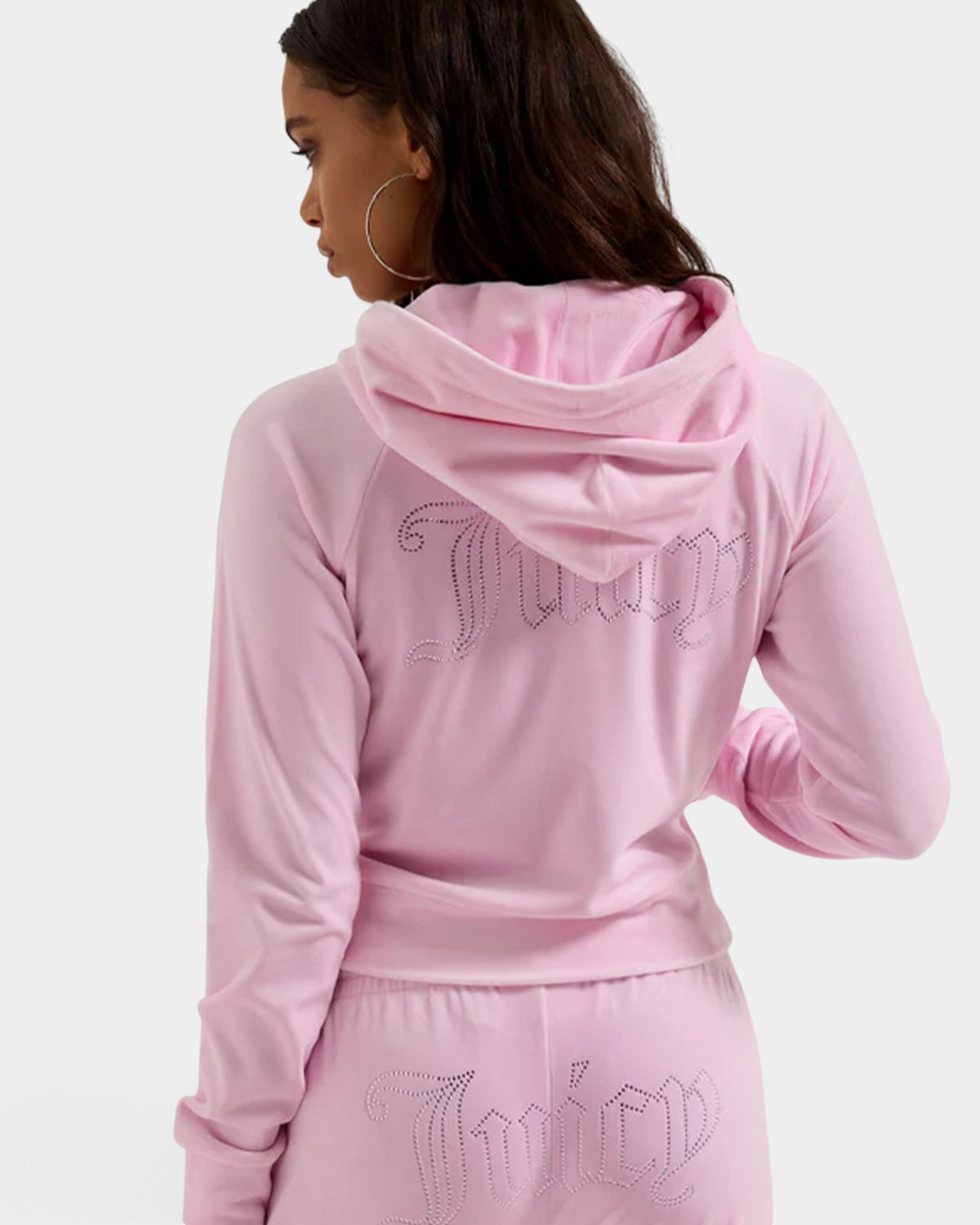Lockwood Avenue Juicy Couture cherry blossom pink velour hoodie with diamanté logo on back worn by a model