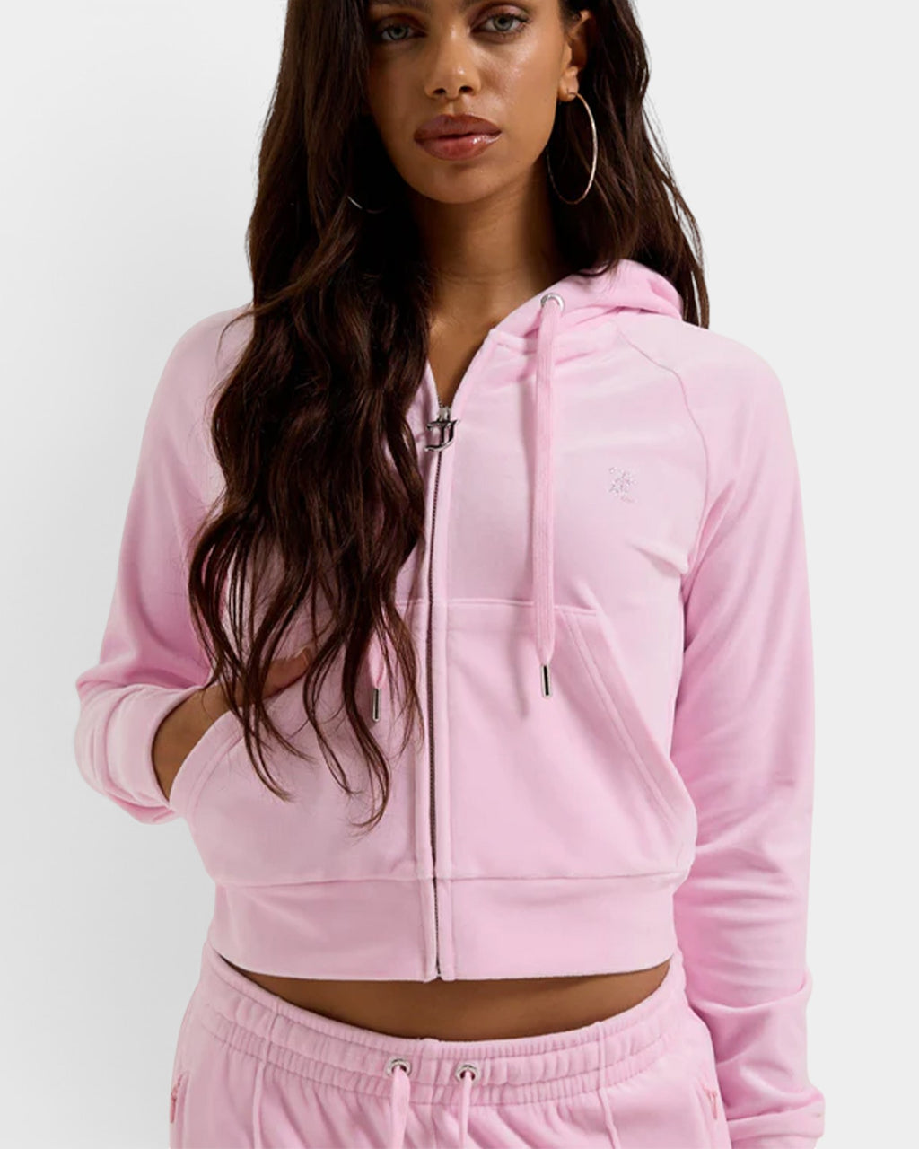 Lockwood Avenue Juicy Couture cherry blossom pink velour zip-up hoodie with silver gothic J zip pull on a model