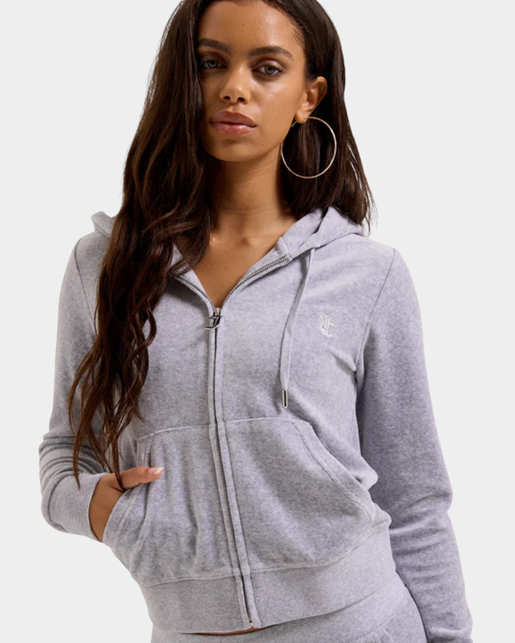 Lockwood Avenue Juicy Couture silver marl velour zip-up hoodie with gothic J pull and embroidered JC chest logo