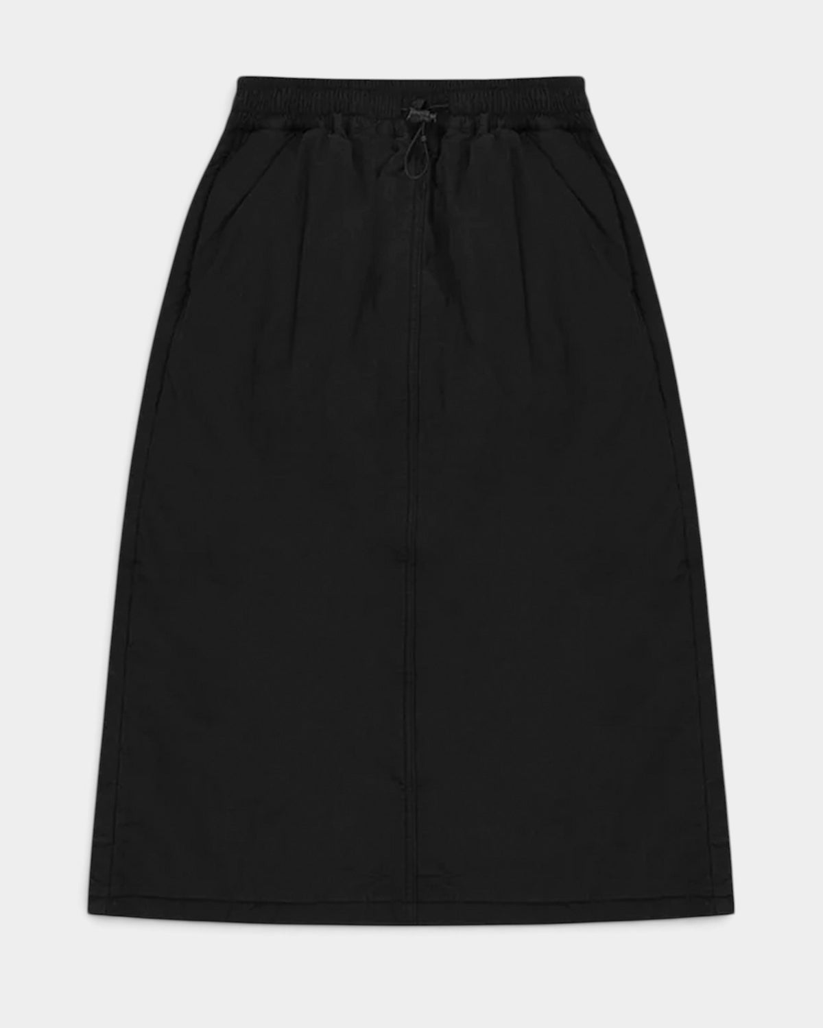 Lockwood Avenue Kappy black padded cotton skirt with an adjustable drawstring waistband and insulated design.