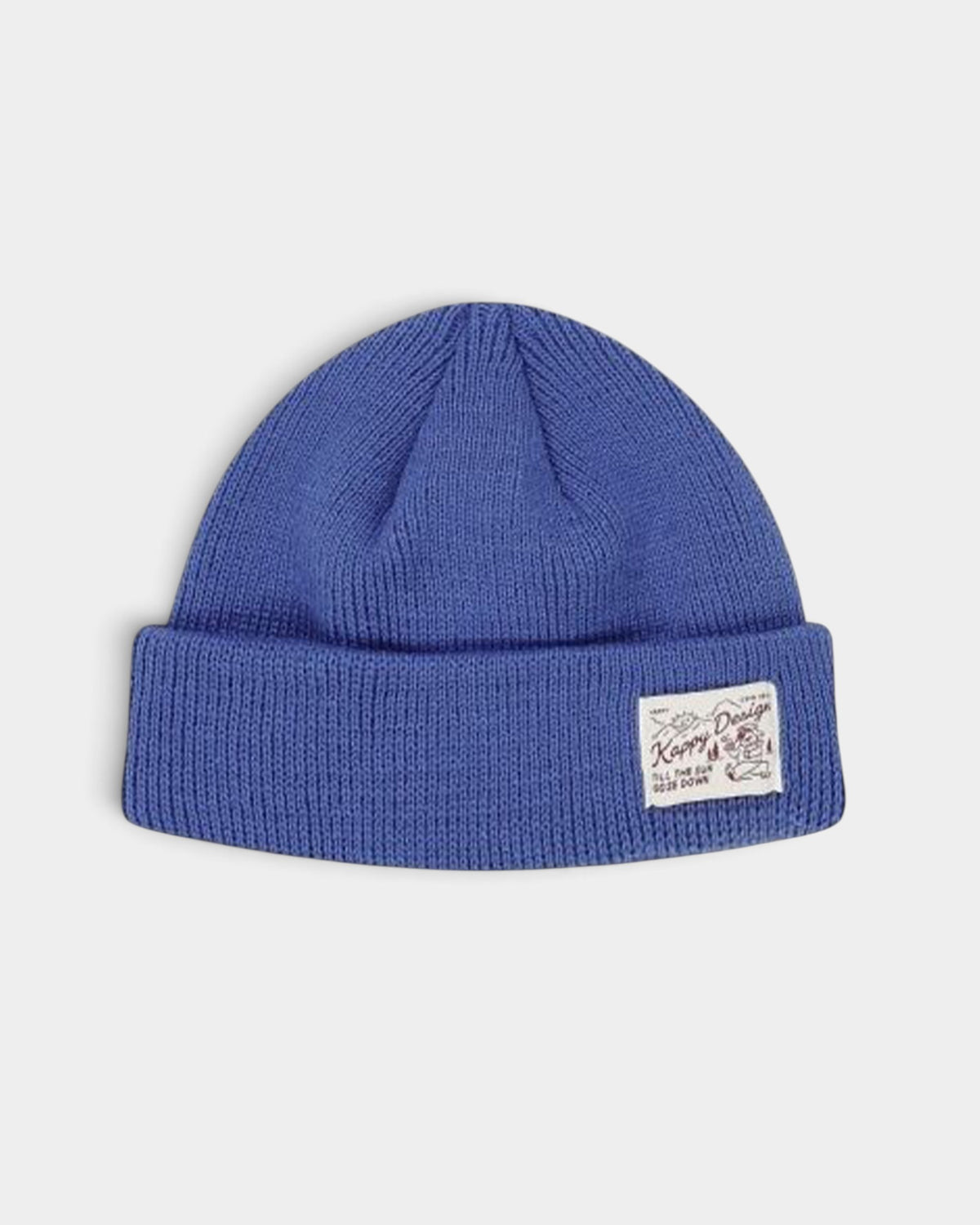 Lockwood Avenue Kappy Bear fisherman-style beanie in mid blue ribbed acrylic knit with a woven brand label on the cuff.