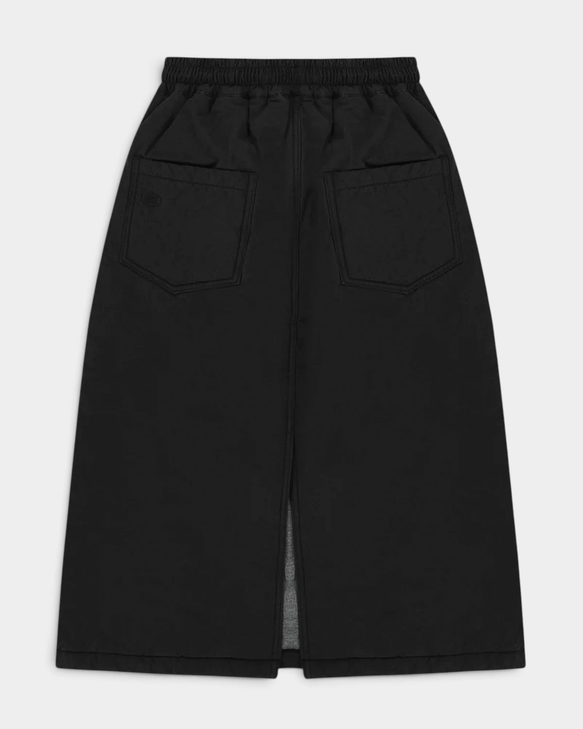 Lockwood Avenue Kappy black padded cotton skirt with a drawstring waistband and back pockets, back view.