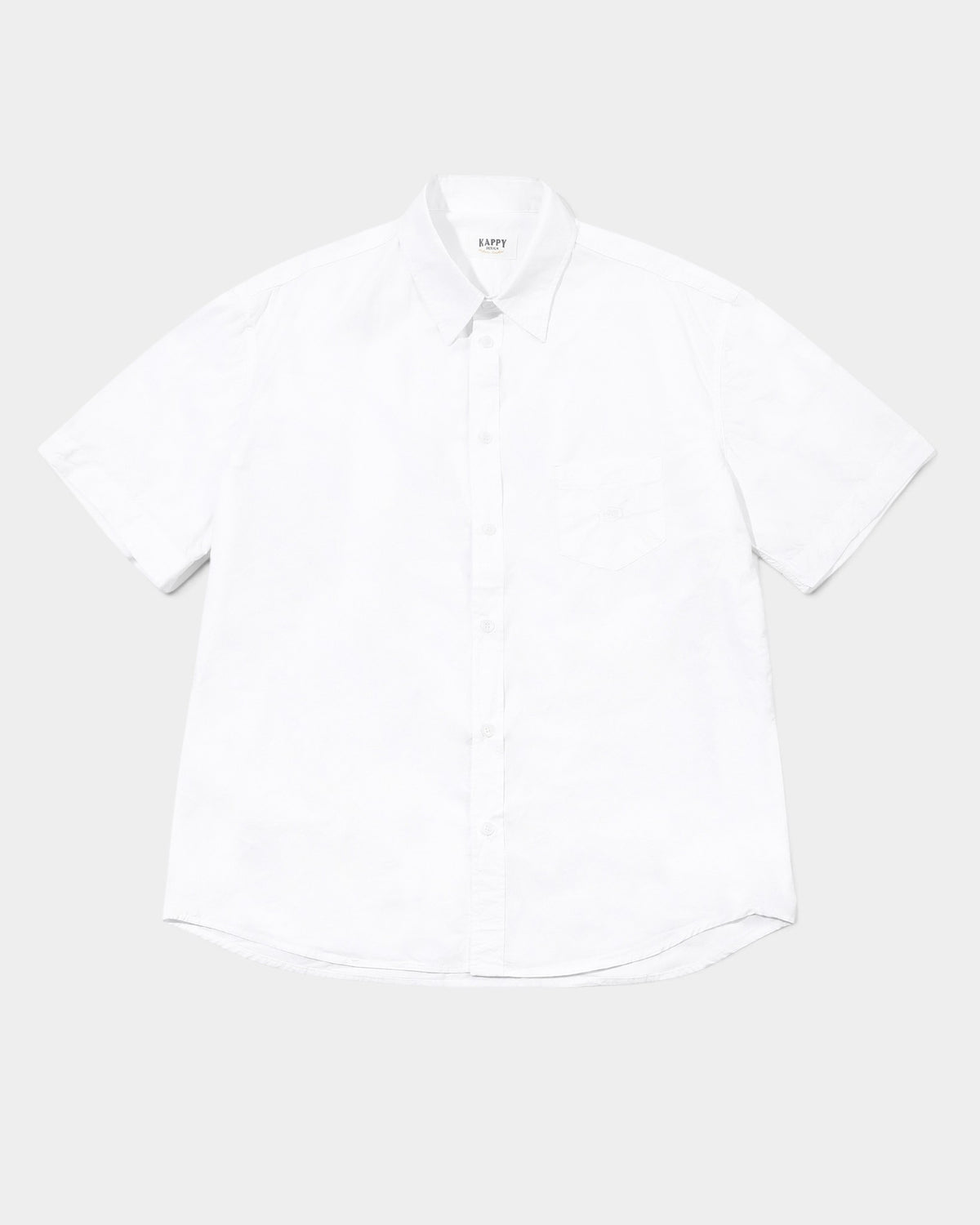 Lockwood Avenue Kappy white cotton poplin short sleeve button-up shirt with a pointed collar and chest pocket.