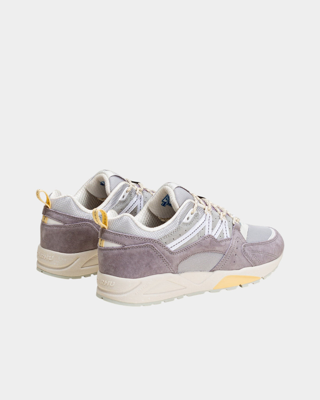 Lockwood Avenue Karhu Fusion 2.0 sneakers in Raindrops gray-blue and white suede, leather, and mesh with yellow accents