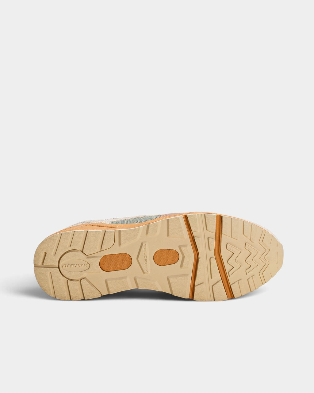 Lockwood Avenue Karhu Fusion 2.0 sneaker showing the tan rubber outsole with Fulcrum technology and tread pattern.