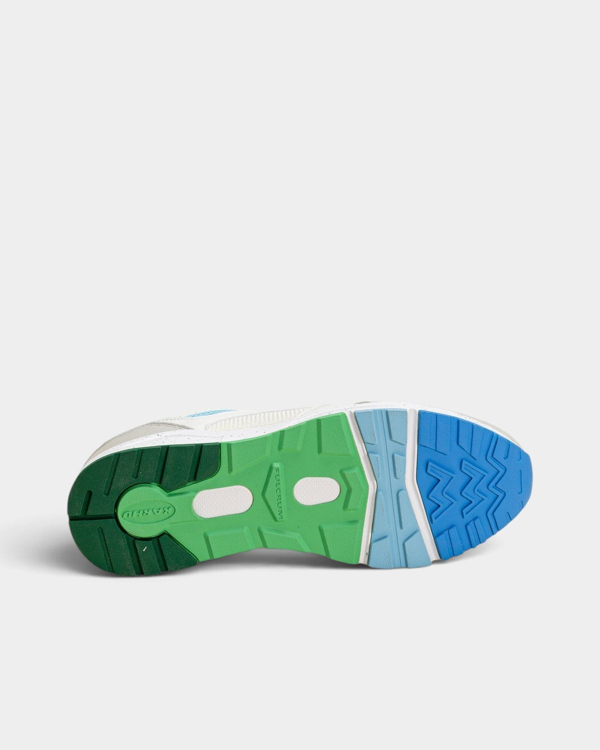 Lockwood Avenue Karhu Fusion 2.0 sneaker outsole featuring a green and blue multi-textured rubber tread pattern