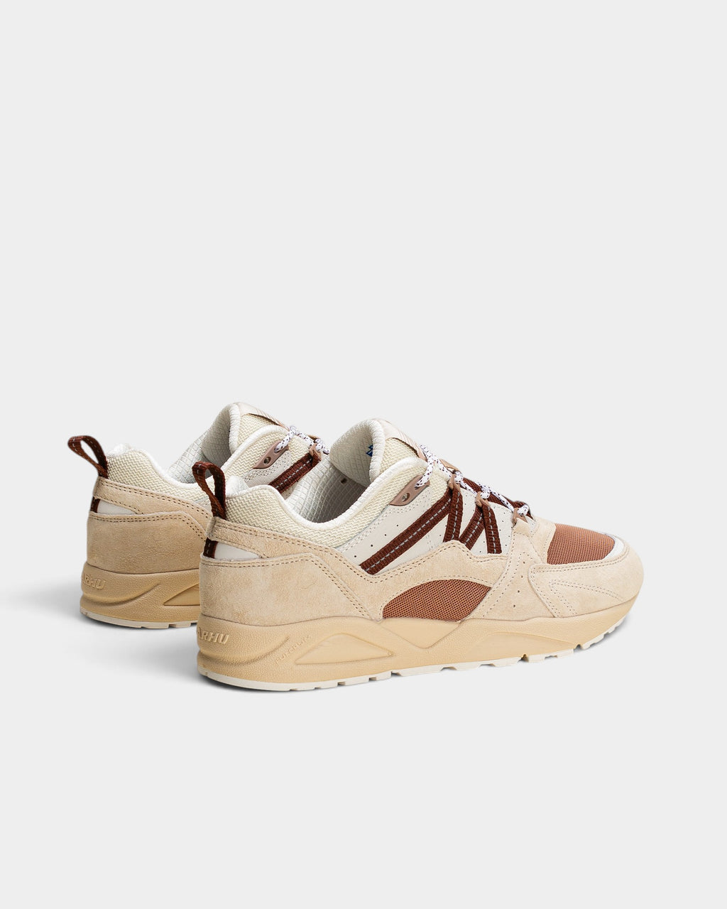 Lockwood Avenue Karhu Fusion 2.0 sneakers in turtledove and cappuccino suede, leather, and mesh with a side view.