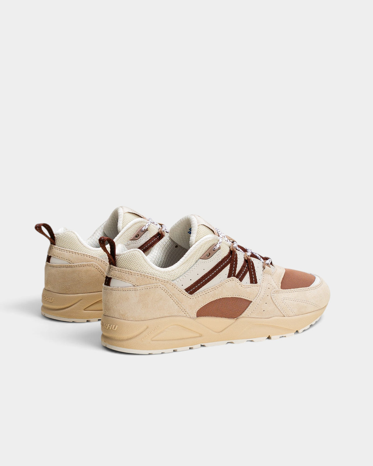 Lockwood Avenue Karhu Fusion 2.0 sneakers in turtledove and cappuccino suede, leather, and mesh with a side view.