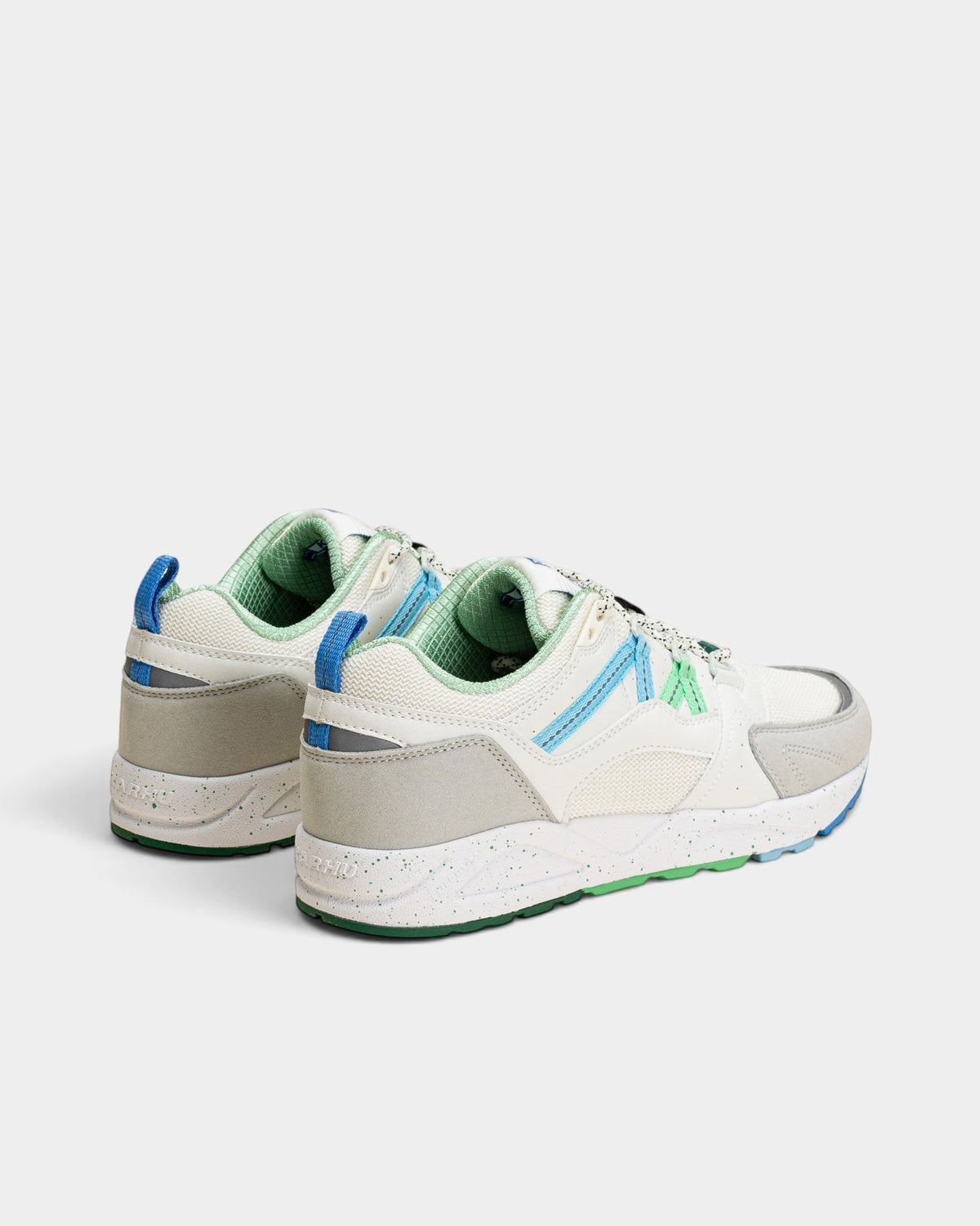 Lockwood Avenue Karhu Fusion 2.0 sneakers in white, grey, and blue with mesh, suede, and leather panels.