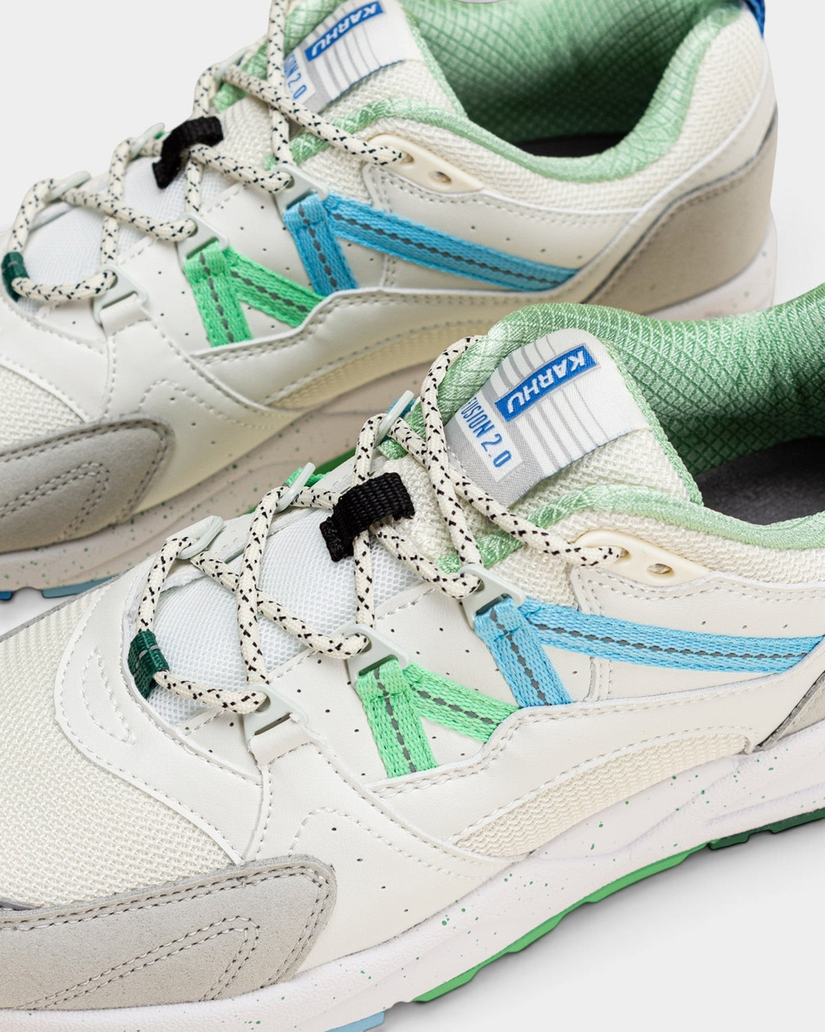 Lockwood Avenue Karhu Fusion 2.0 sneakers in off-white, blue, and green suede, leather, and mesh with speckled midsole