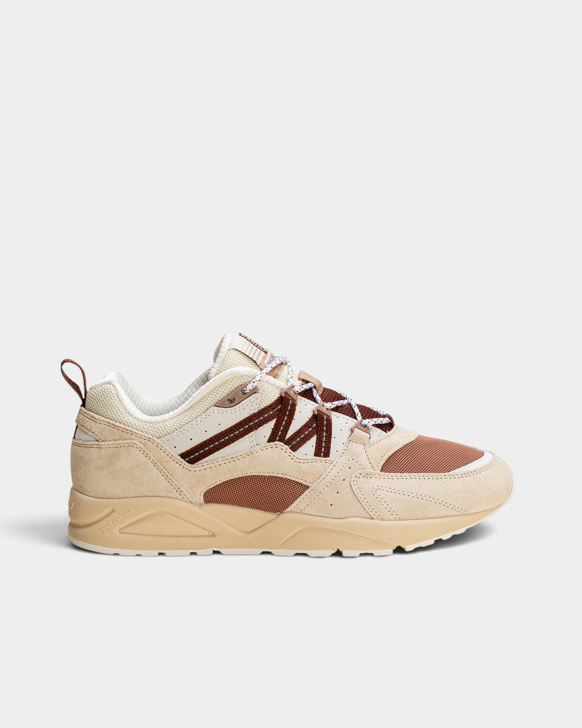 Lockwood Avenue Karhu Fusion 2.0 sneakers in turtledove and cappuccino suede, leather, and mesh with side F-logo.