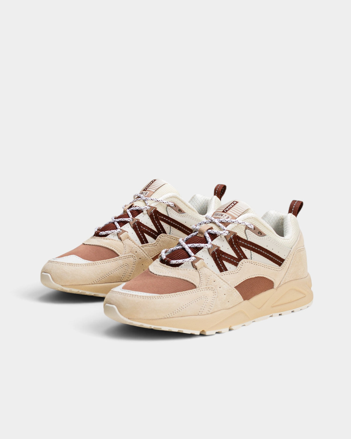 Lockwood Avenue Karhu Fusion 2.0 sneakers in turtledove and cappuccino suede, leather, and mesh with rope laces.