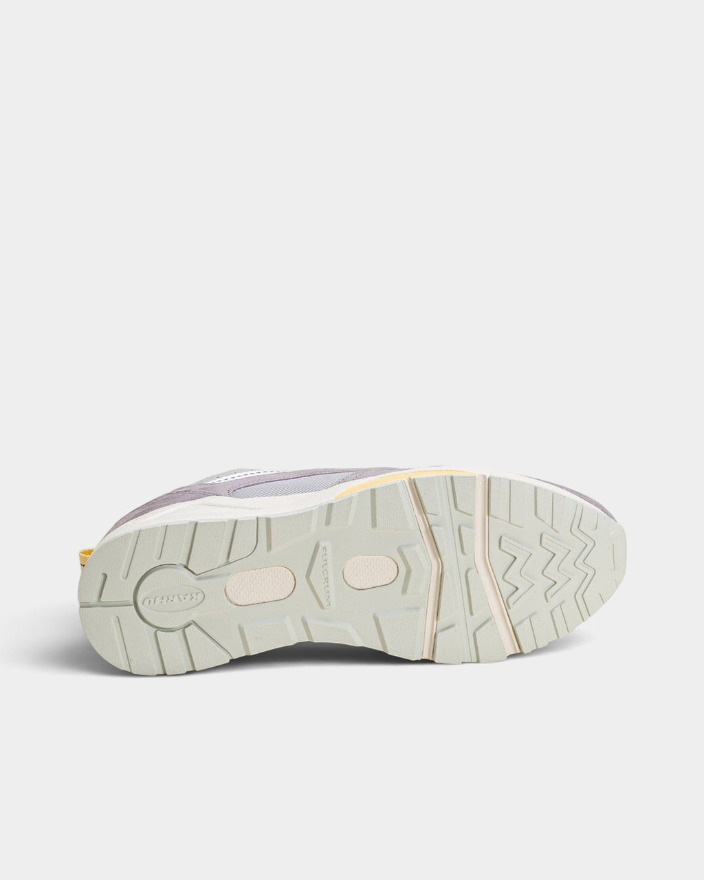 Lockwood Avenue Karhu Fusion 2.0 sneaker showing the gray-blue and white patterned rubber outsole and Fulcrum midsole